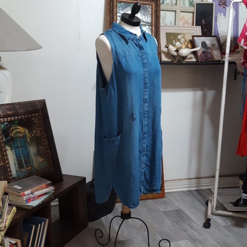 Womens Denim Blue Dress Plus Sz XXL Button up Below Knee Vest Like Sleeveless - Picture 6 of 11